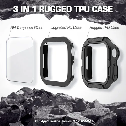 Miniatura 3 de EDIMENS Paquete de 2 fundas resistentes compatibles con Apple Watch de 1.772 pulgadas Series 9/8/7 con protector de pantalla de vidrio templado