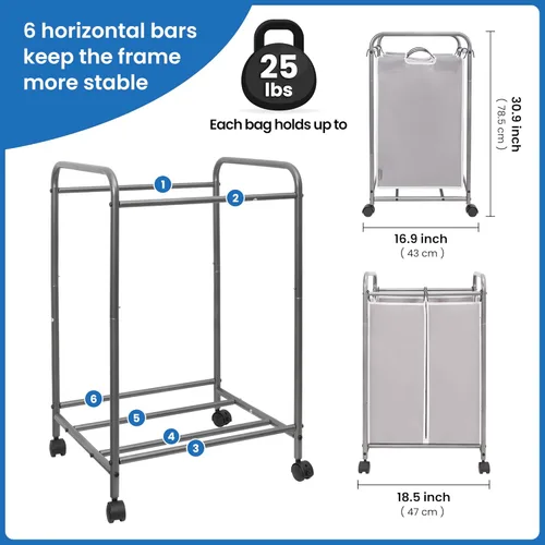 Miniatura 4 de STORAGE MANIAC Clasificador de ropa sucia de 2 secciones, cesta de lavandería de 90 litros con ruedas, clasificador separador de cesta de ropa, Gris