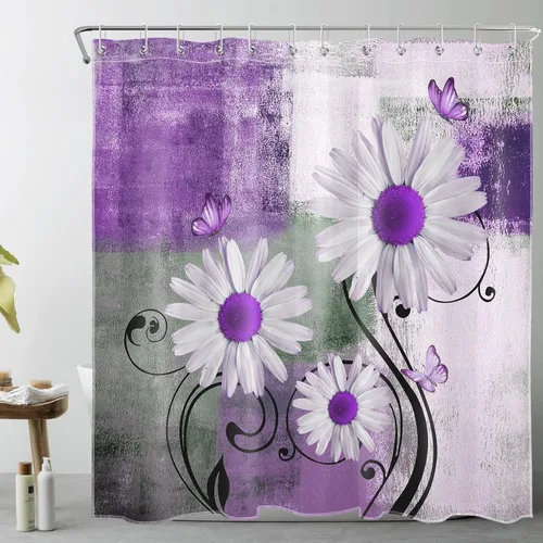 Miniatura 15 de Cortina de ducha floral con margaritas azules, flores blancas y mariposas en tela moderna abstracta geométrica gris para baño, 10 ganchos, 48 x 72
