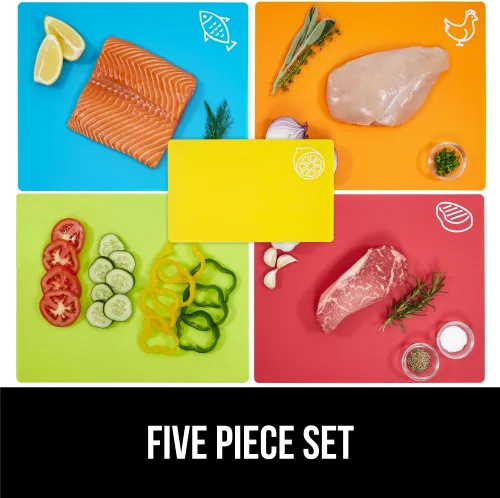 Miniatura 3 de GORILLA GRIP Juego de 5 tablas de cortar flexibles 100% sin BPA, alfombrillas de plástico duraderas con iconos de alimentos para preparar comidas