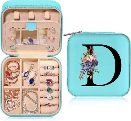 Joyero de viaje para niñas, joyero de viaje imprescindible con inicial, joyero azul pequeño de viaje, organizador de joyas, caja organizadora de