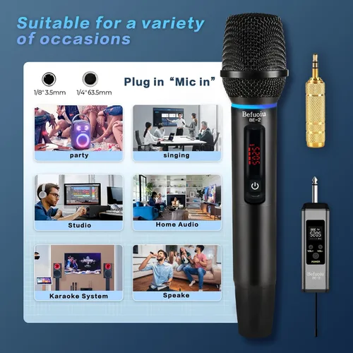 Miniatura 9 de Micrófono inalámbrico recargable UHF para cantar con bolso, micrófono dinámico de mano de metal con receptor, micrófono de karaoke inalámbrico