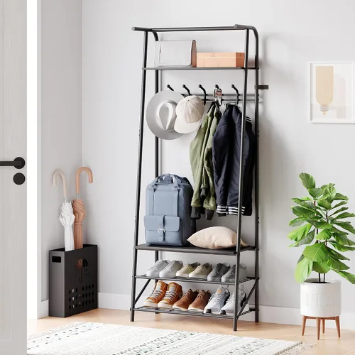 Miniatura 12 de Amyove Perchero para zapatos con 10 ganchos, banco de entrada con almacenamiento, organizador multifuncional para pasillo, muebles decorativos