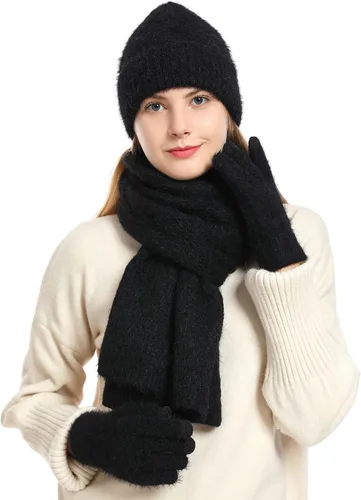 Miniatura 2 de ecodudo Conjunto de bufanda y gorro de invierno para mujer, conjunto de guantes para pantalla táctil con pompón para mujer
