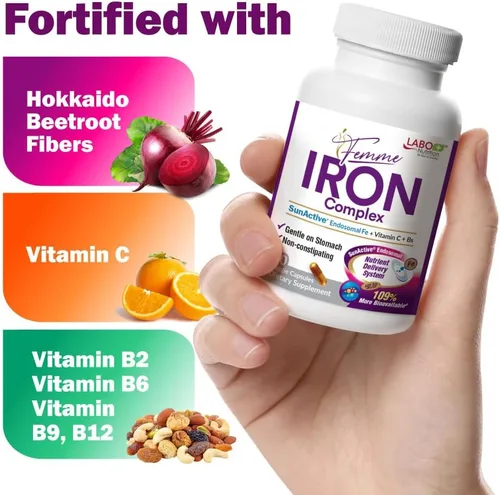 Miniatura 4 de LABO Nutrition Femme Iron Endosomal SunActive, suplemento de hierro no irritante de 15 mg para constructor de sangre, vegano, suave, sin regusto