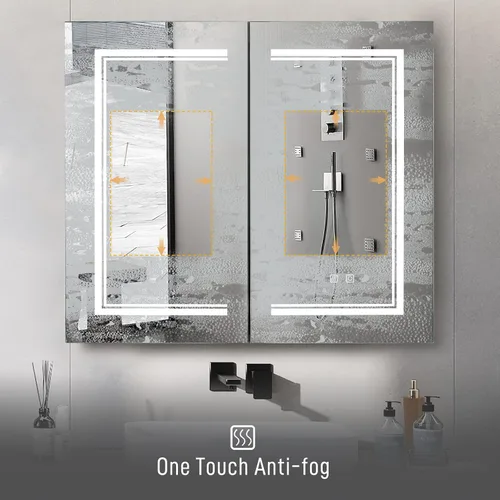 Miniatura 3 de Karl home Botiquín de baño de 32 x 28 pulgadas con 2 puertas con espejo LED, gabinete de baño regulable de 3 colores montado en la pared con Blanco