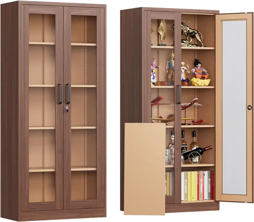 Miniatura 10 de Gabinete de exhibición con bloqueo con puerta de cristal, gabinetes Curio de metal de 71 pulgadas de alto con estantes ajustables, vitrina de licor