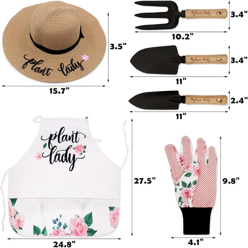 Miniatura 4 de Percozzi Plant Lady - Herramienta de jardinería para mamá, kit de herramientas de jardinería, sombrero de paja, delantal floral, guante para su