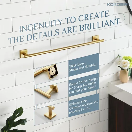 Miniatura 7 de KOKOSIRI Barra de toallas de baño, soportes de toallas de baño para inodoro, armario de cocina, montaje en pared, 24 pulgadas, acero inoxidable Oro