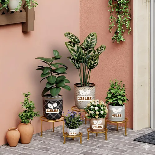 Miniatura 3 de Paquete de 5 soportes de metal para plantas, paquete de 5 soportes redondos, estante escalonado para plantas en interiores y exteriores, estante