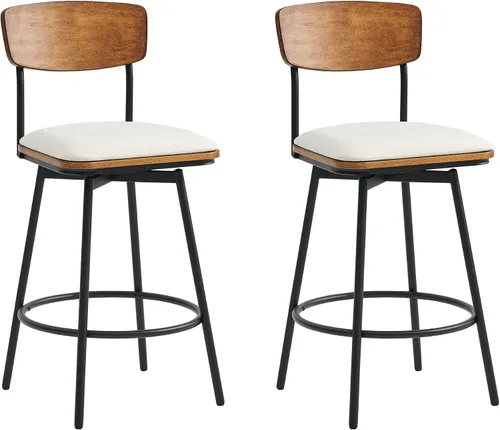 CHITA Juego de 2 taburetes giratorios de bar tapizados de tela, altura del asiento de 27 pulgadas, marco de metal y madera, color crema