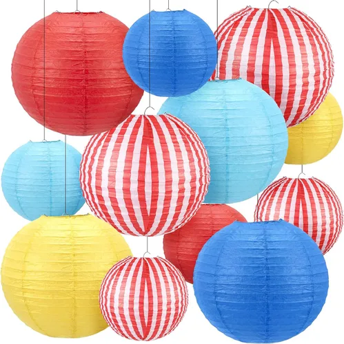 Miniatura 7 de Hortsun 12 Pcs Carnival Circus Decorations Red and Blue Striped Paper Lanterns Chinese Hanging Paper Lanterns for Carnival Circus Wedding Birthday