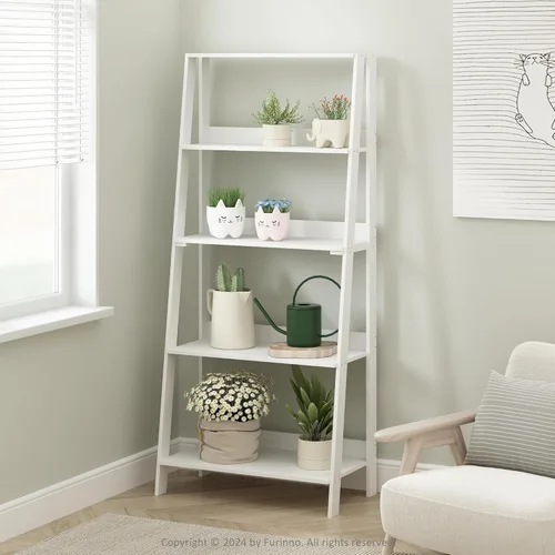 Estantería de escalera Furinno, estantería de escalera de 5 niveles, estantería de libros en forma de escalera, estantes de exhibición y Blanco