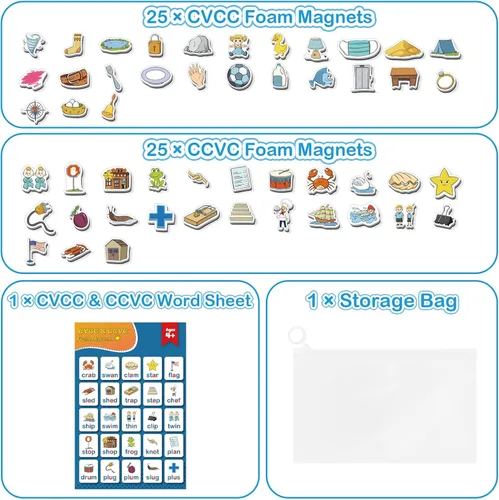 Miniatura 5 de Kasfalci Juegos de palabras CVCC y CCVC, 50 imanes de espuma magnética para nevera para niños, juguetes de terapia del habla para niños pequeños