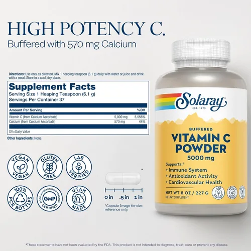 Miniatura 2 de Solaray Vitamina C ácido ascórbico en polvo 5000 mg – Suplemento de vitamina C en polvo para hombres y mujeres, apoyo inmunológico y de la piel