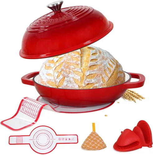 Miniatura 11 de Horno de pan de hierro fundido esmaltado, horno holandés de 6 cuartos de galón para hornear pan de masa madre, kit de sartén esmaltada de 11