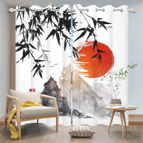 Miniatura 3 de Cortinas japonesas con pintura de tinta, monte Fuji, sol rojo, puesta de sol, hojas de bambú, cortinas de ventana para dormitorio, sala de estar