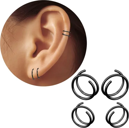 2 Pairs Double Hoop Earrings, Gold Cartilage Earrings for Women, Small Silver Helix Piercing Jewelry,Spiral Nose Ring Tiny Twist Earrings as Gift