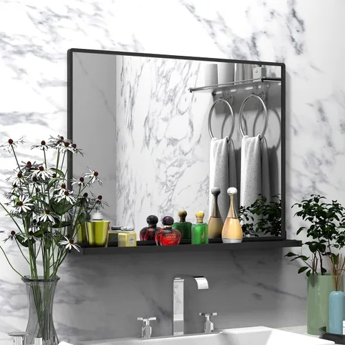 Miniatura 15 de Espejo de baño con estante, espejo de pared rectangular negro, marco de metal, colgante horizontal o vertical (24 x 20 pulgadas)