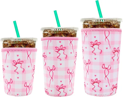 Miniatura 33 de YR Funda aislante de neopreno reutilizable para tazas de café helado, paquete de 3 fundas para bebidas heladas y calientes, enfriador de bebidas