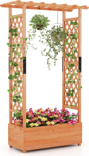 Giantex Cama de jardín elevada con enrejado y techo colgante, jardinera de madera con parte inferior y agujeros de drenaje, maceta de jardín
