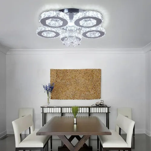 Miniatura 4 de Lámpara moderna de techo de cristal grande, lámpara de araña LED de cinco anillos, luz colgante para comedor, dormitorio, cocina
