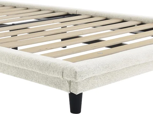 Miniatura 9 de Cama de plataforma flotante, marco de cama de madera tamaño individual con rayas claras, tela de lino suave y cabecera de diseño capitoné