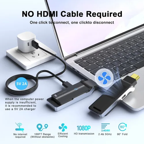 Miniatura 2 de Kit de transmisor y receptor HDMI inalámbrico con disipación de calor, interfaz flexible de 90°, doble banda 2.4G/5G - Transmite video y audio desde