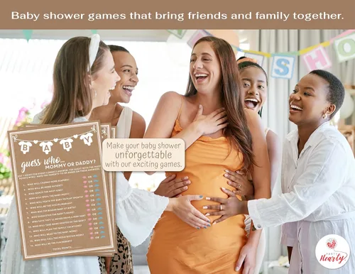 Miniatura 5 de Party Hearty Juego de 50 piezas de Baby Shower para niña o niño, mamá o papá Adivina quién, divertidas tarjetas de actividad, género neutro, ideas