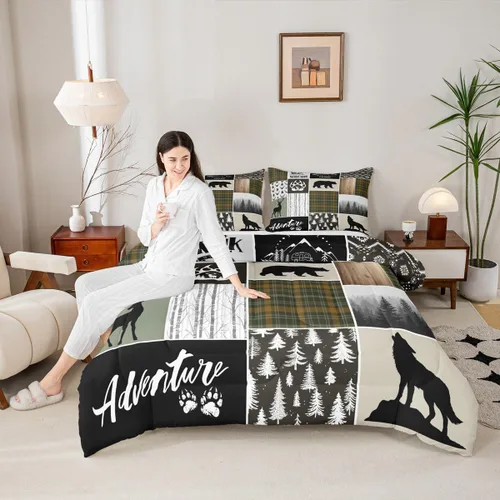 Miniatura 121 de Juego de edredón de cuernos de ciervo tamaño individual, juego de ropa de cama rústica de granja con huellas de oso y pinos para decoración