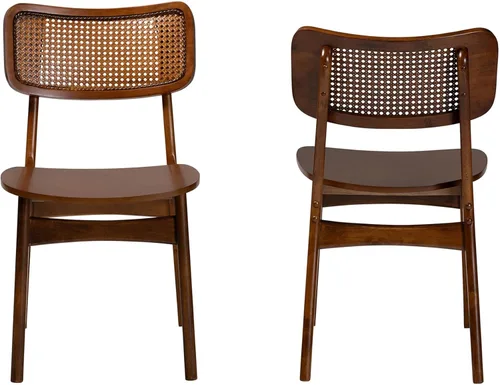 Miniatura 4 de Baxton Studio Tafari Mid-Century - Juego de sillas de comedor de 2 piezas con acabado marrón nogal y ratán Marrón nogal/marrón claro
