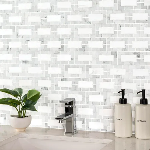 Miniatura 3 de MSI Bianco Dolomite Lynx 12 pulgadas x 12 pulgadas. Azulejo de pared de mosaico de mármol pulido montado en malla con patrón geométrico Bianco Lince