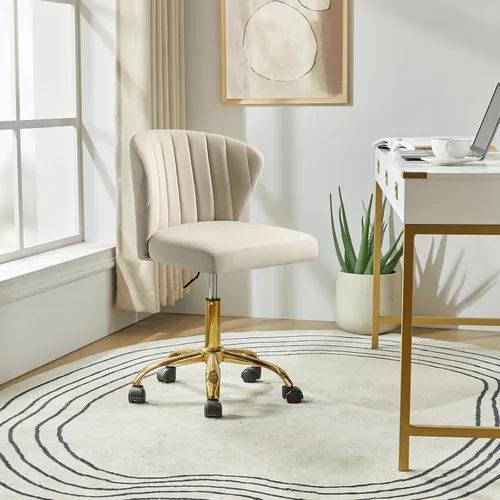HULALA HOME Silla de escritorio de oficina en casa con ruedas doradas, pequeña y linda silla de tocador con respaldo para dormitorio, asiento de
