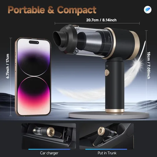 Miniatura 7 de Aspiradora portátil inalámbrica para automóvil, 16000PA, limpiador de automóvil de mano de succión fuerte con filtros HEPA duales, luz LED, mini
