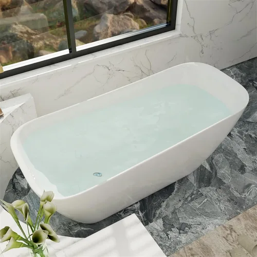 Miniatura 15 de Bañera independiente de acrílico de 59", bañera independiente de doble extremo, bañera de remojo con desbordamiento ranurado integrado, desagüe