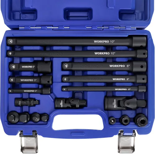 WORKPRO Juego de extensión de enchufe de impacto de 18 piezas, incluye adaptadores de enchufe, juego de extensión de trinquete, barra de extensión