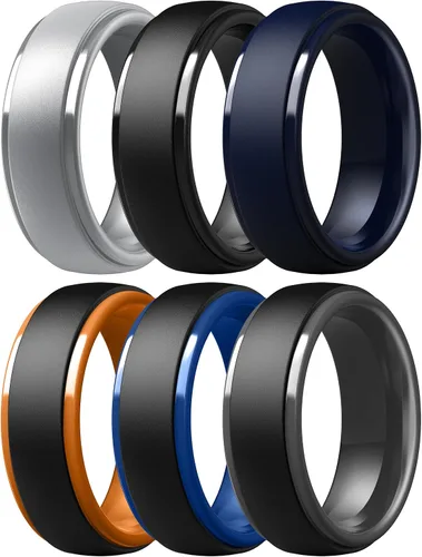 Miniatura 100 de ThunderFit Anillos de boda de silicona para hombre, 0.394 in de ancho y 0.098 in de grosor, paquete múltiple de variedad 1-7
