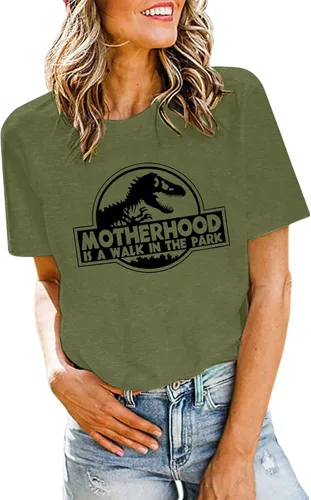 Miniatura 3 de Camiseta de dinosaurio para mujer, diseño de dinosaurio y mamá, camiseta divertida con texto en inglés "Motherhood is a Walk in the Park
