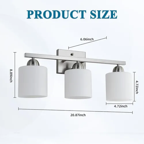 Miniatura 5 de Mecgirn Luces de tocador de vidrio de leche de acero inoxidable para baño, 3 lámparas de baño de níquel cepillado sobre espejo, enchufes E26