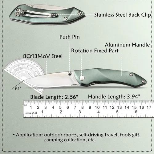 Miniatura 7 de Harita Cuchillo plegable de bolsillo, hoja de acero 8Cr13Mov de 2.95 pulgadas, mango de aluminio, cuchillo de seguridad con cierre de forro con clip