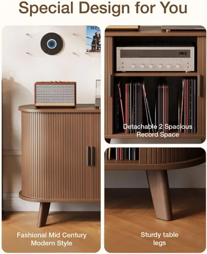 Miniatura 5 de Soporte para tocadiscos, mueble moderno de mediados de siglo con puertas correderas, gabinete de estantería de audio-video, soporte de medios