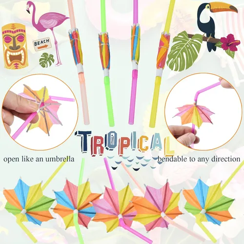 Miniatura 2 de ALINK 100 popotes para paraguas, sombrillas largas para cóctel, bebidas, pajitas de bar de flores, tropical, verano, playa, Luau Tiki, decoraciones