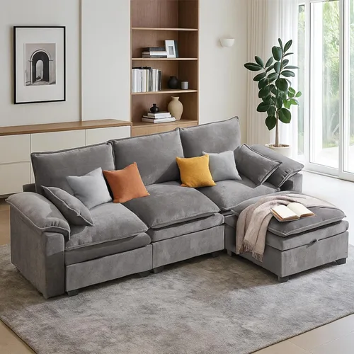Miniatura 12 de Sofá Seccional Modular en Forma de L de 100", Sofá con Almacenamiento Otomano, Sofá Nube de Chenilla con Asientos Profundos y Mullidos para Sala