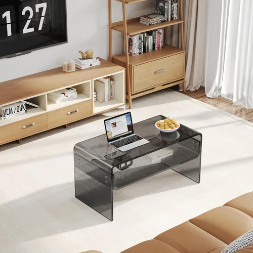 Miniatura 4 de Mesa auxiliar acrílica, mesa auxiliar moderna rectangular negra, mesa de té con almacenamiento abierto, adecuada para sala de estar, recepción
