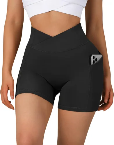 OMKAGI - Pantalones cortos de entrenamiento de cintura cruzada para mujer con bolsillo, de 5 pulgadas de entrepierna, pantalones cortos de cintura