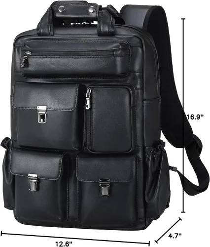 Miniatura 10 de Masa Kawa Mochila de cuero negro para hombre 15.6 pulgadas, bolsa para computadora portátil, múltiples bolsillos, casual, trabajo, negocios, viajes