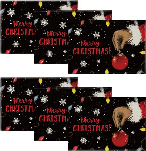 Miniatura 7 de Artoid Mode Juego de 4 manteles individuales con diseño de bola de Navidad, 12 x 18 pulgadas, color negro, para decoración de fiestas, cocina