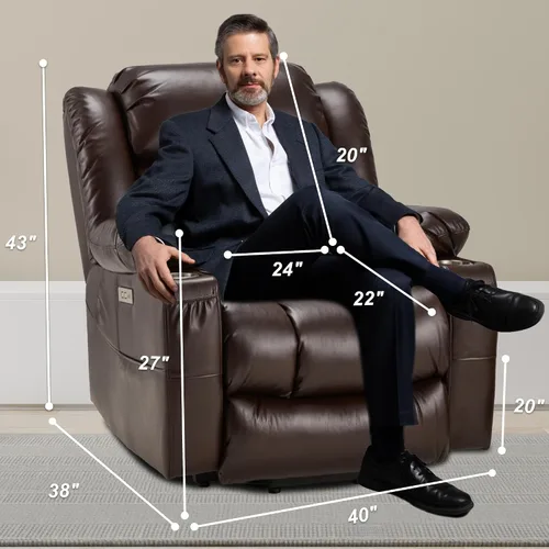 Miniatura 2 de Silla reclinable grande de cuero para personas mayores con función de masaje y calefacción, silla convertible Lazy Boy con portavasos, puertos USB