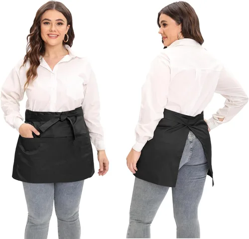 Delantales de servidor, tamaño grande, 3 bolsillos, delantal de media cintura en color negro para mujeres y hombres