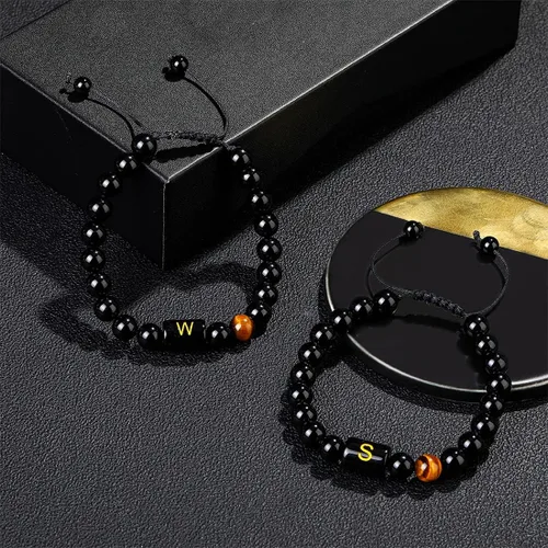 Miniatura 3 de Pulseras de iniciales para hombre, eslabones de letra, hechas a mano, 0.315 in, ónix negro natural, cuentas de piedra de ojo de tigre, cuerda
